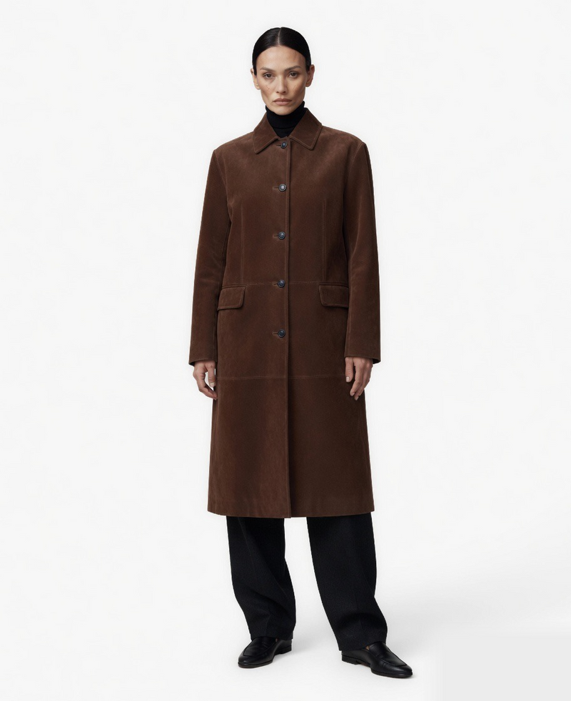 Person wearing a brown coat on a white background